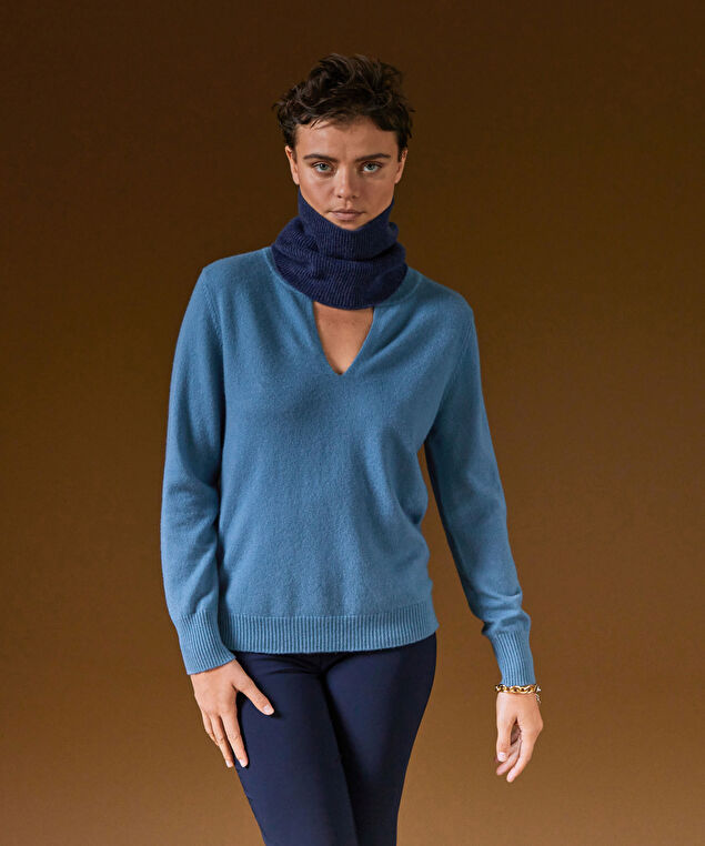 Rodier Pull Col Tunisien En Cachemire Bleu Azur