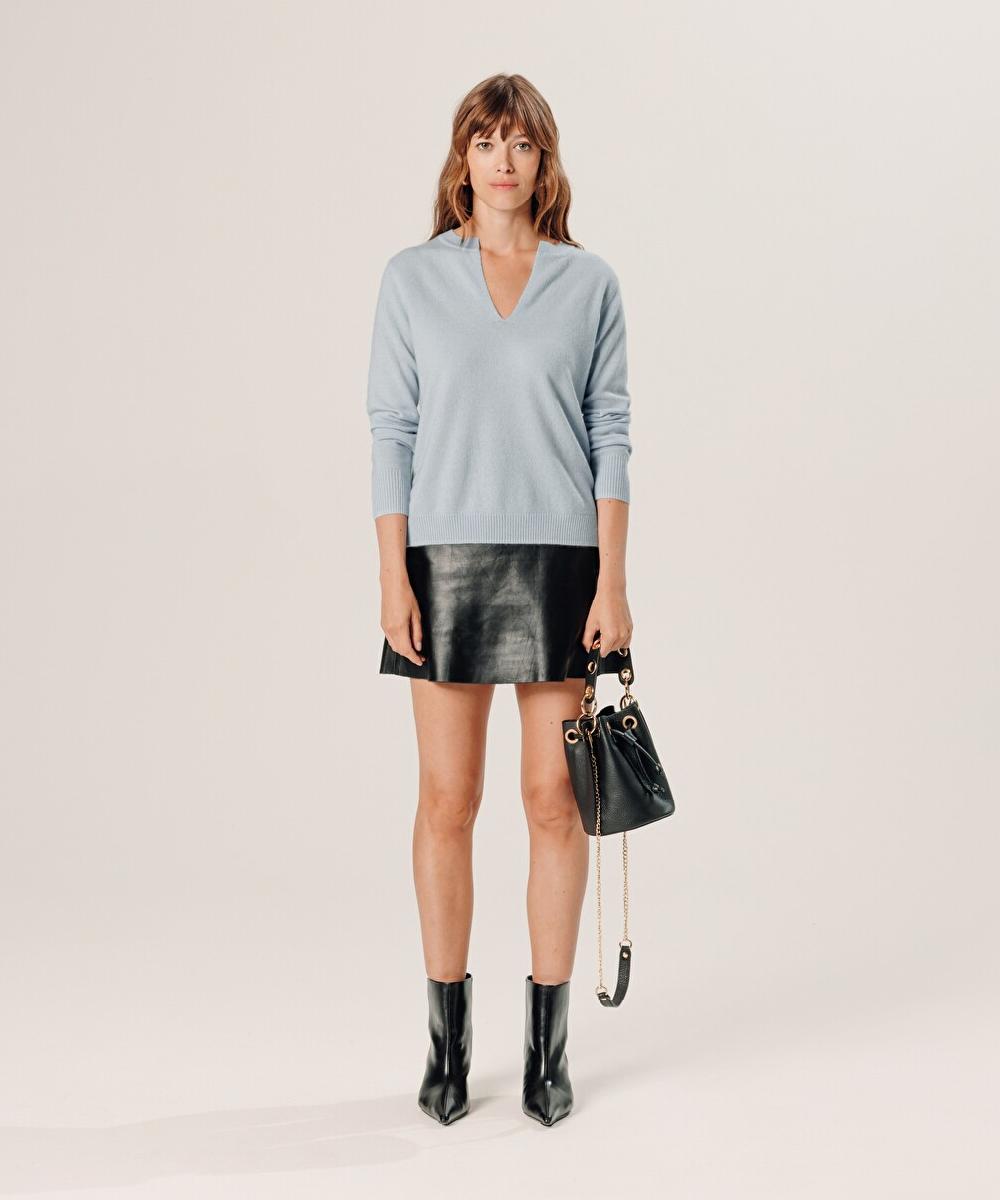 rodier Pull col tunisien en cachemire bleu ciel