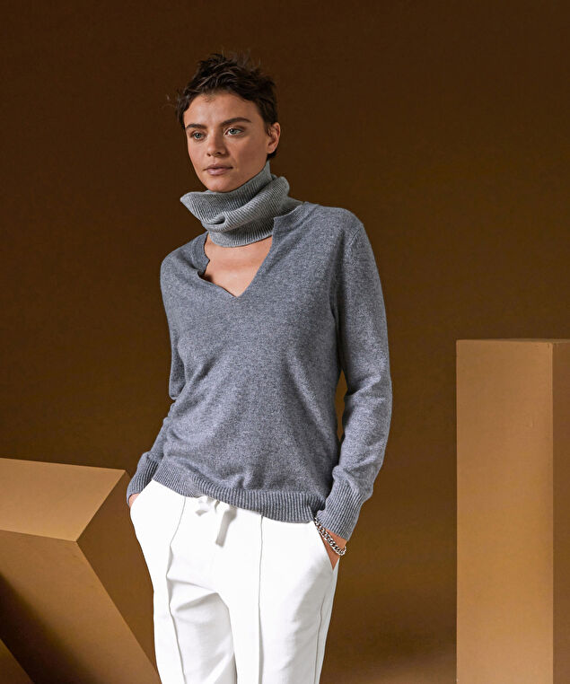 Rodier Pull Col Tunisien En Cachemire Gris