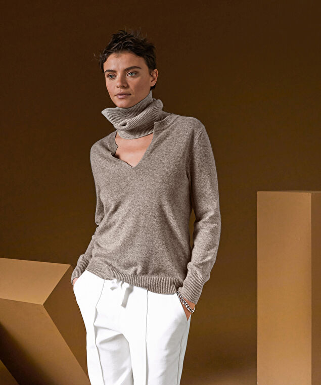 Rodier Pull Col Tunisien En Cachemire Marron Taupe