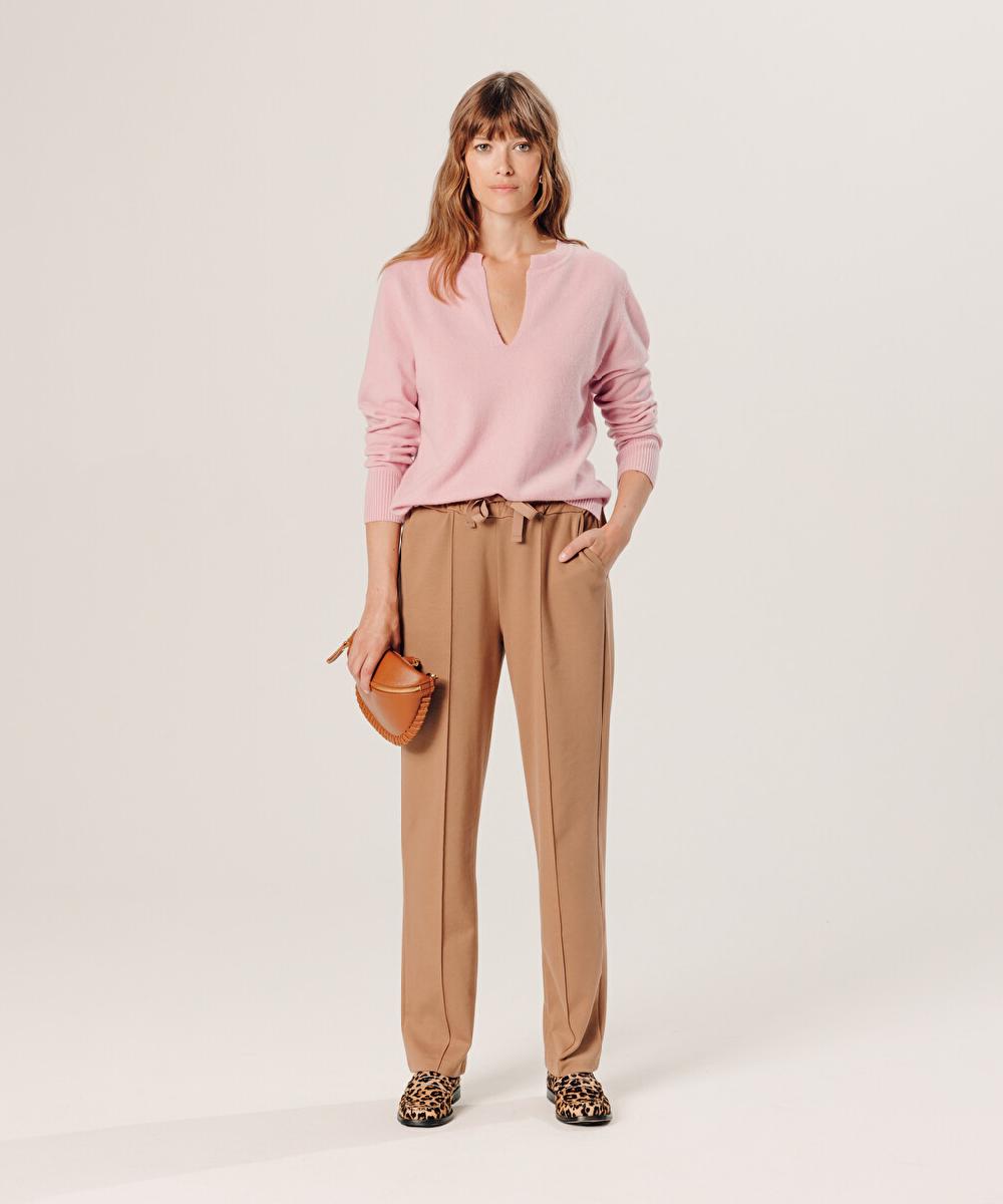 rodier Pull col tunisien en cachemire rose poudre