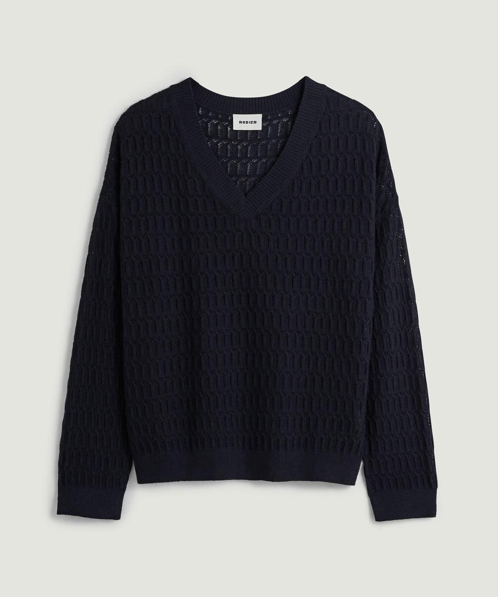 rodier Pull col V ajouré bleu nuit