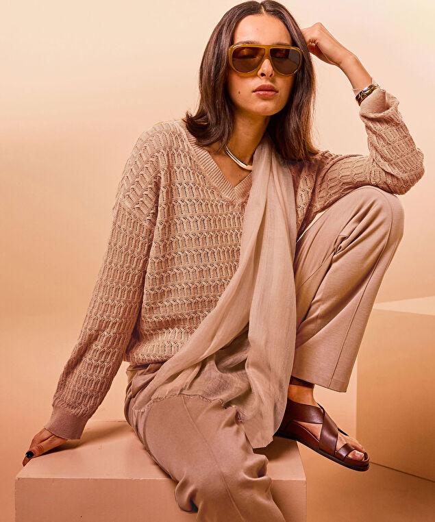 Rodier Pull Col V Ajouré Marron Camel