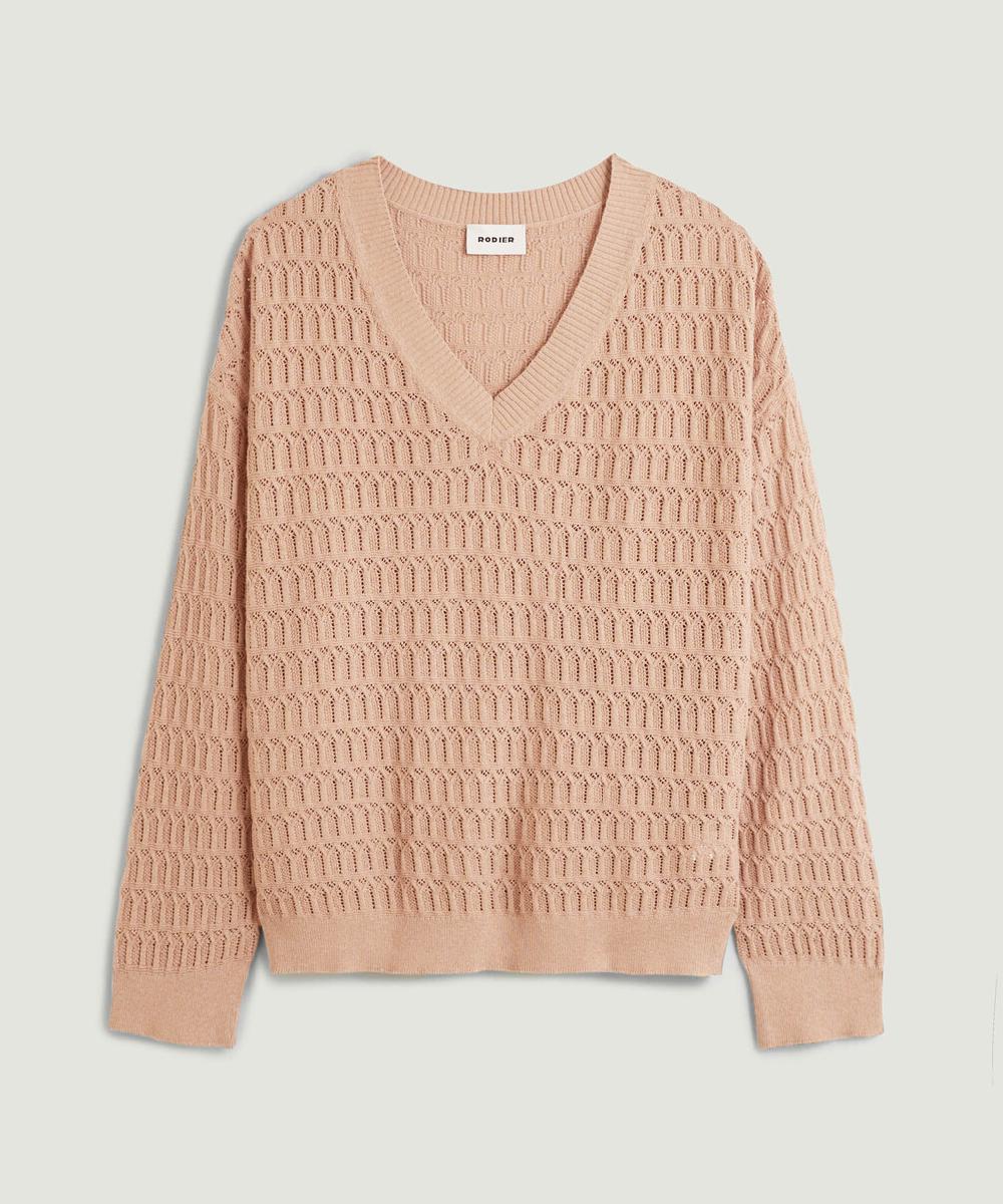 rodier Pull col V ajouré marron camel