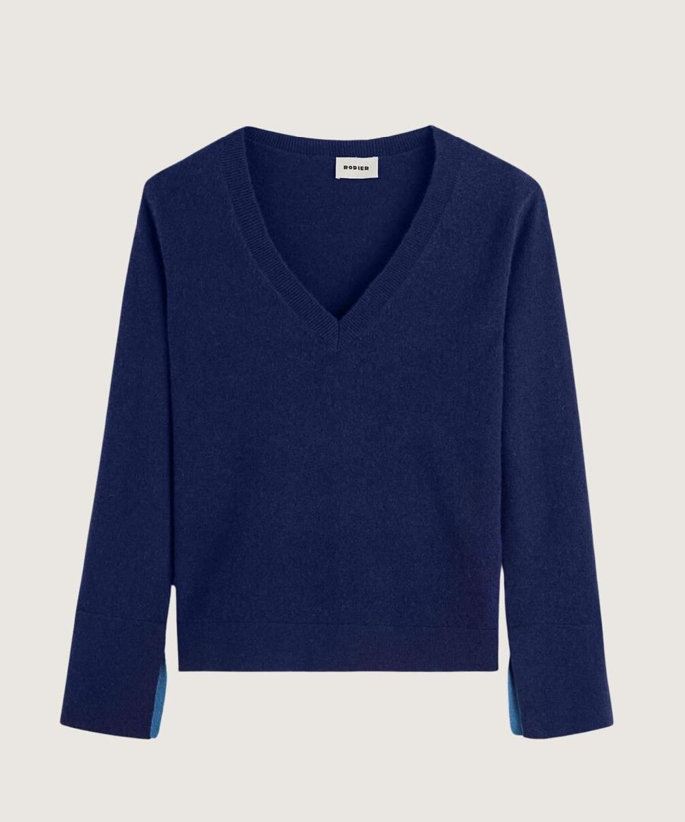 rodier Pull col V en cachemire bleu marine