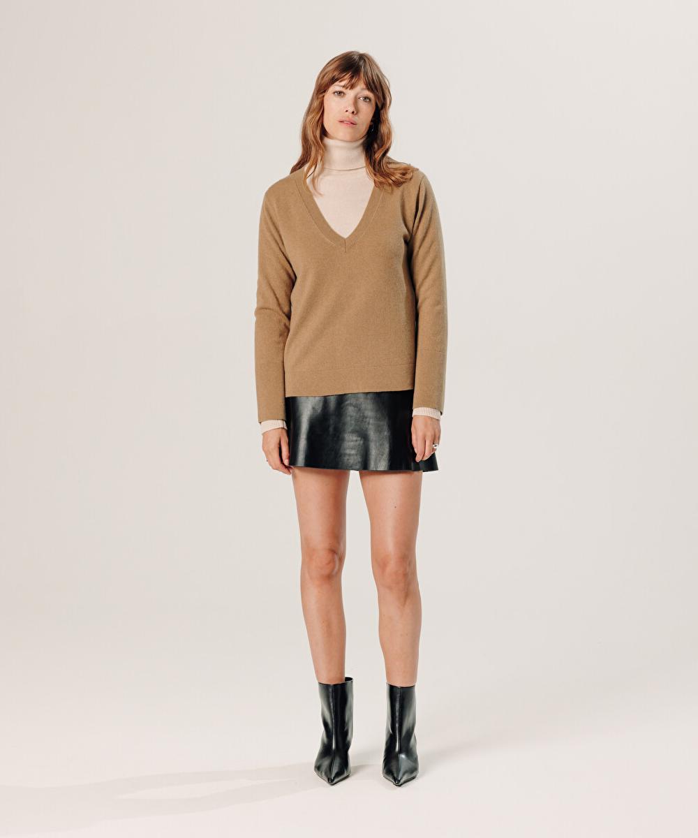 rodier Pull col V en cachemire marron camel