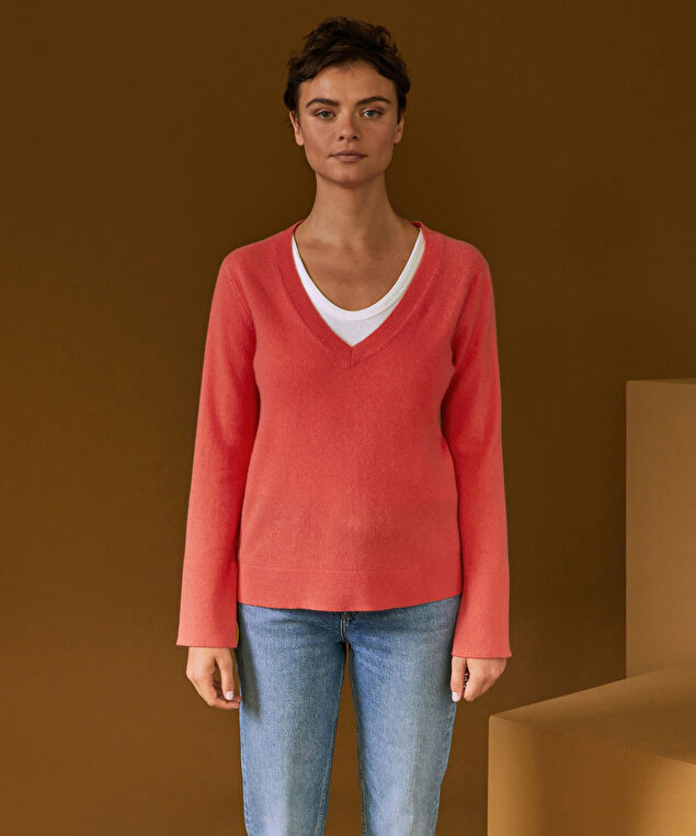 Rodier Pull Col V En Cachemire Orange Corail