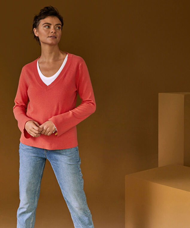 Rodier Pull Col V En Cachemire Orange Corail