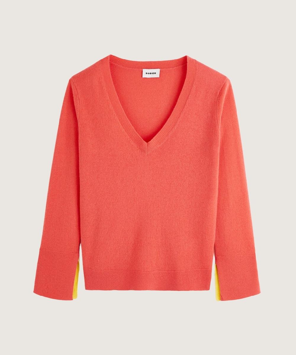rodier Pull col V en cachemire orange corail