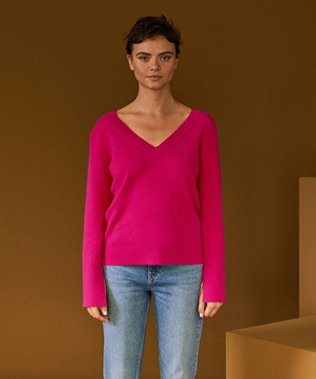 Rodier Pull Col V En Cachemire Rose Tonique