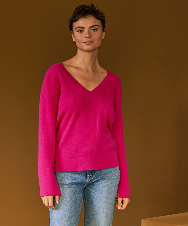 Rodier Pull Col V En Cachemire Rose Tonique