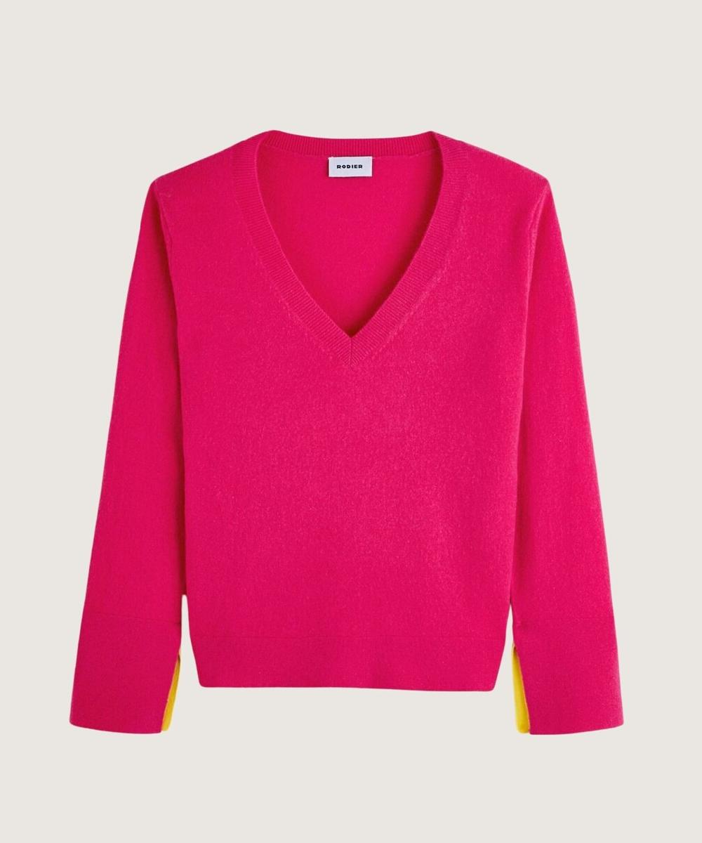 rodier Pull col V en cachemire rose tonique