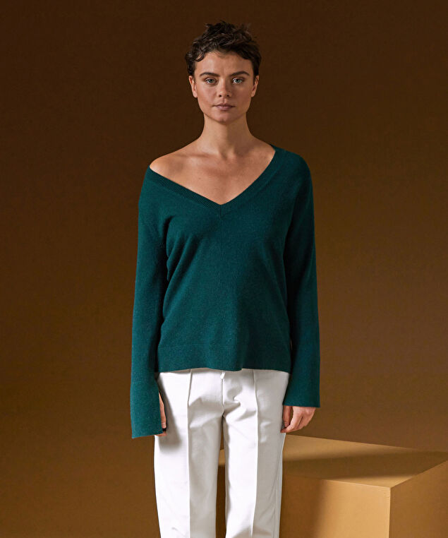 Rodier Pull Col V En Cachemire Vert Canard