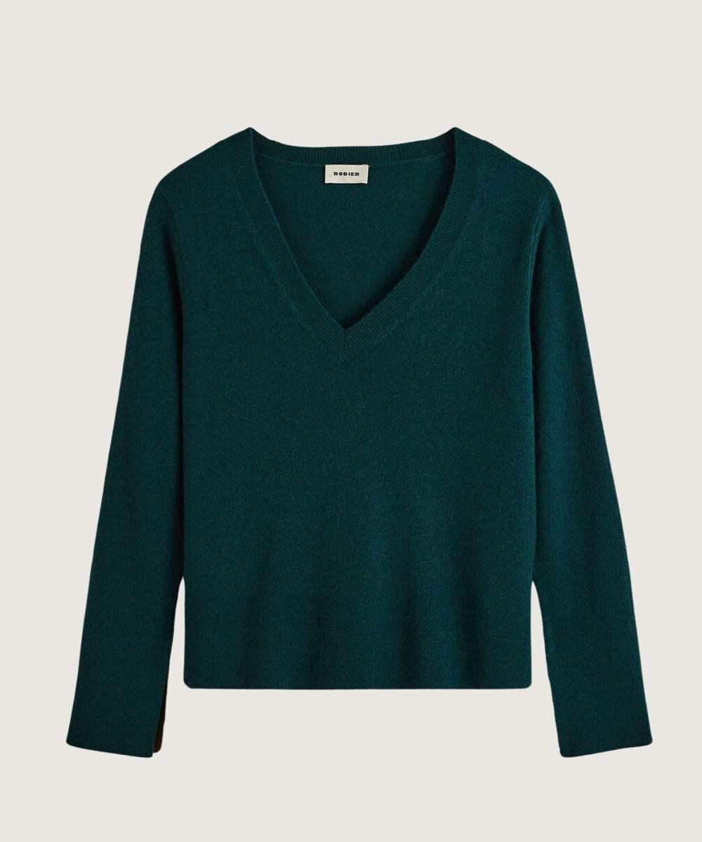 Rodier Pull Col V En Cachemire Vert Canard