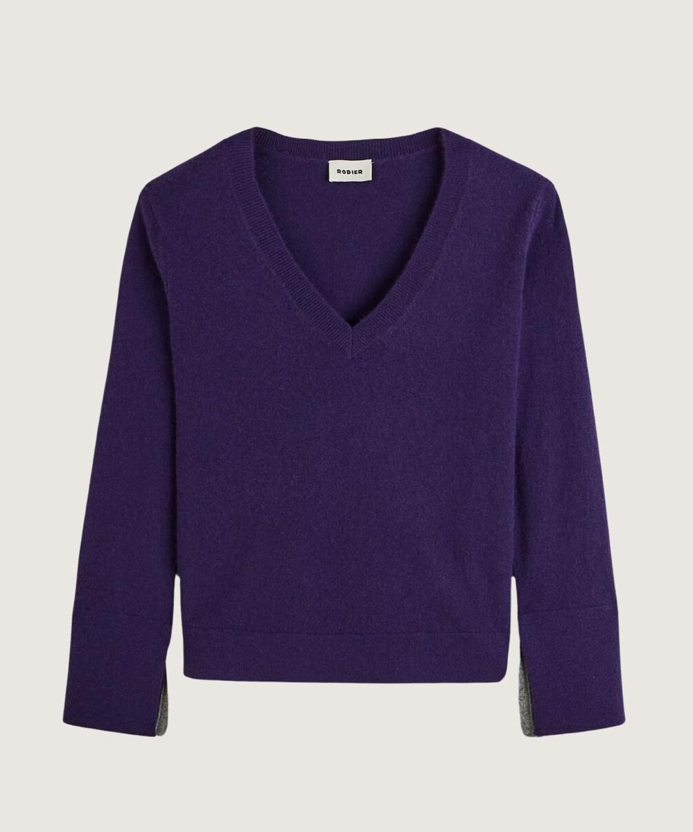 rodier Pull col V en cachemire violet foncé