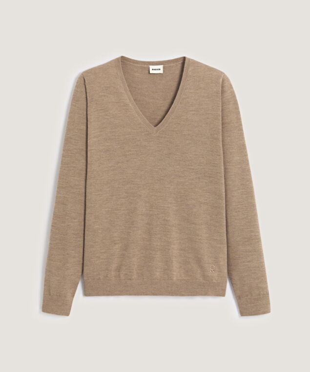 Rodier Pull Col V En Laine Mérinos Beige