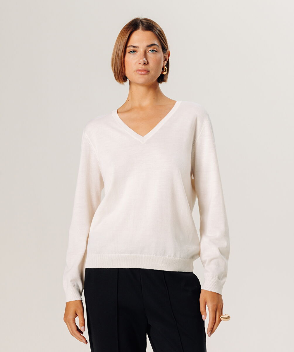rodier Pull col V en laine mérinos blanc