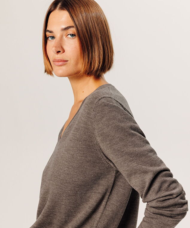 Rodier Pull Col V En Laine Mérinos Marron Taupe