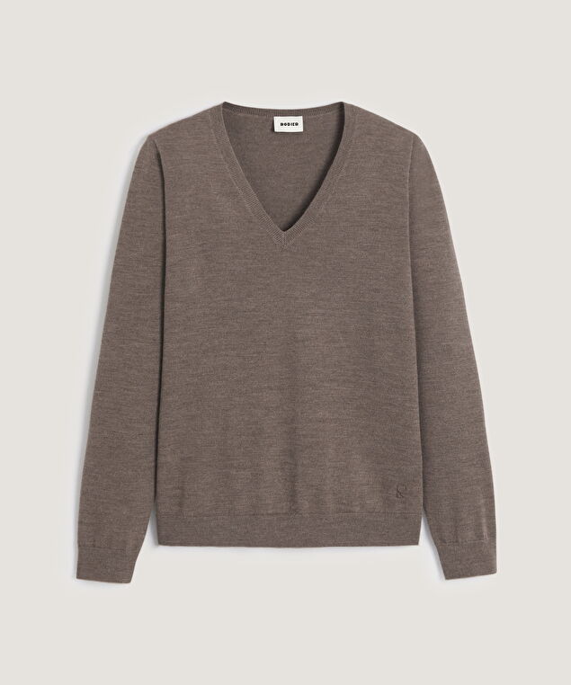 Rodier Pull Col V En Laine Mérinos Marron Taupe
