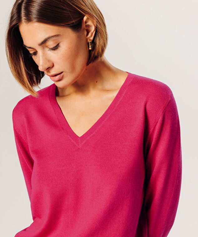 Rodier Pull Col V En Laine Mérinos Rose Tonique