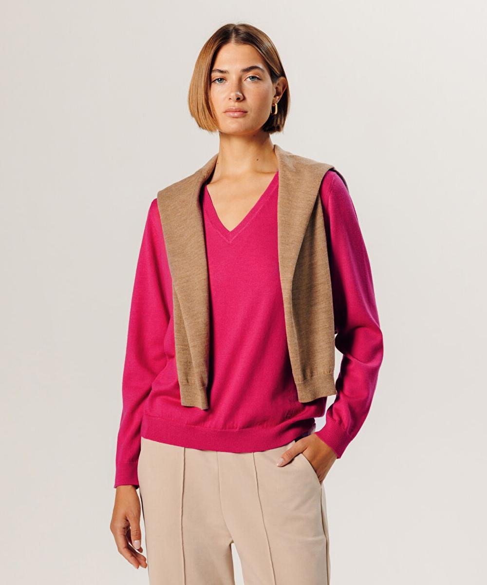 rodier Pull col V en laine mérinos rose tonique