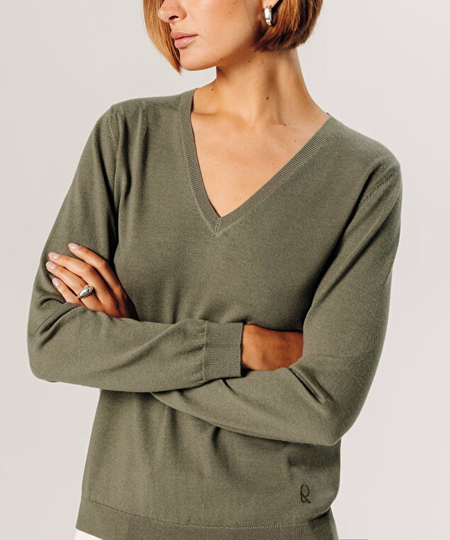 Rodier Pull Col V En Laine Mérinos Vert Olive