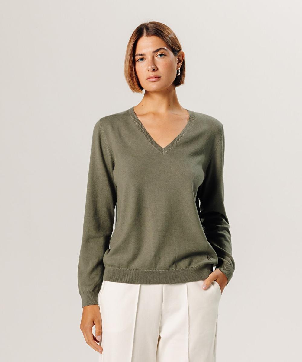 rodier Pull col V en laine mérinos vert olive
