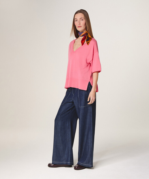 Rodier Pull Col V Manches Courtes Rose Bonbon