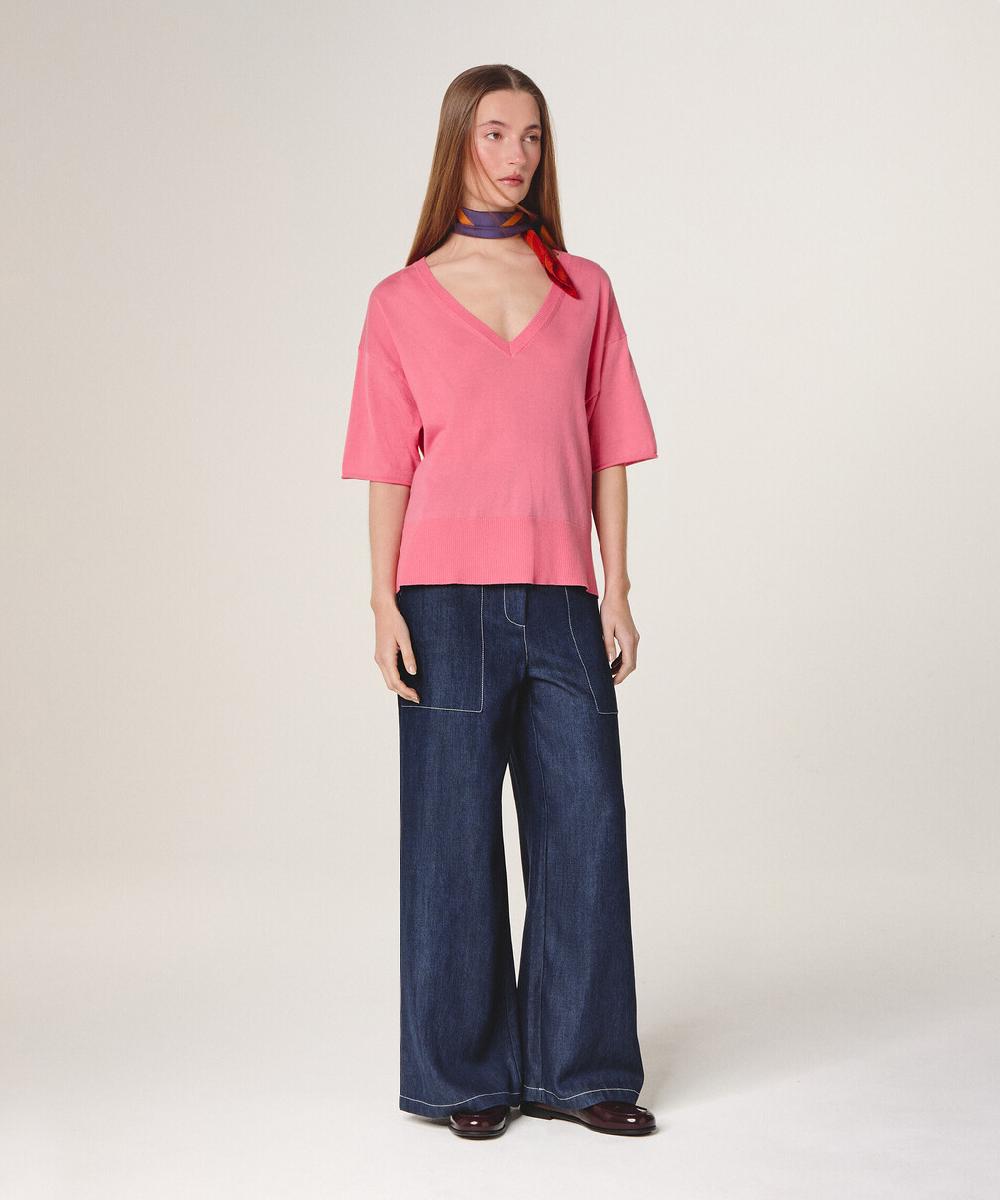 rodier Pull col V manches courtes rose bonbon