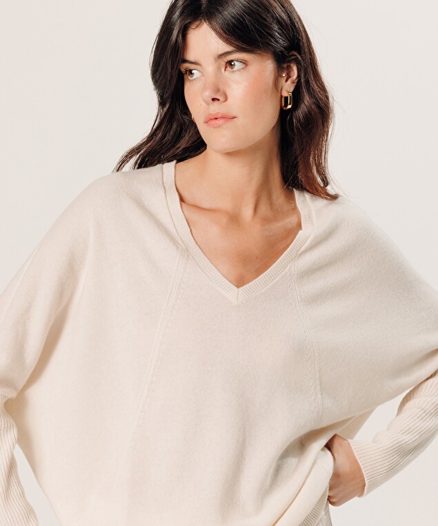 Rodier Pull Col V Oversize En Cachemire Blanc écru