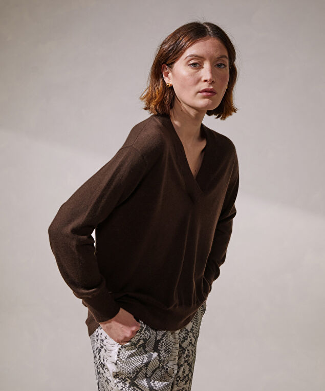Rodier Pull Col V Oversize En Cachemire Fin Marron