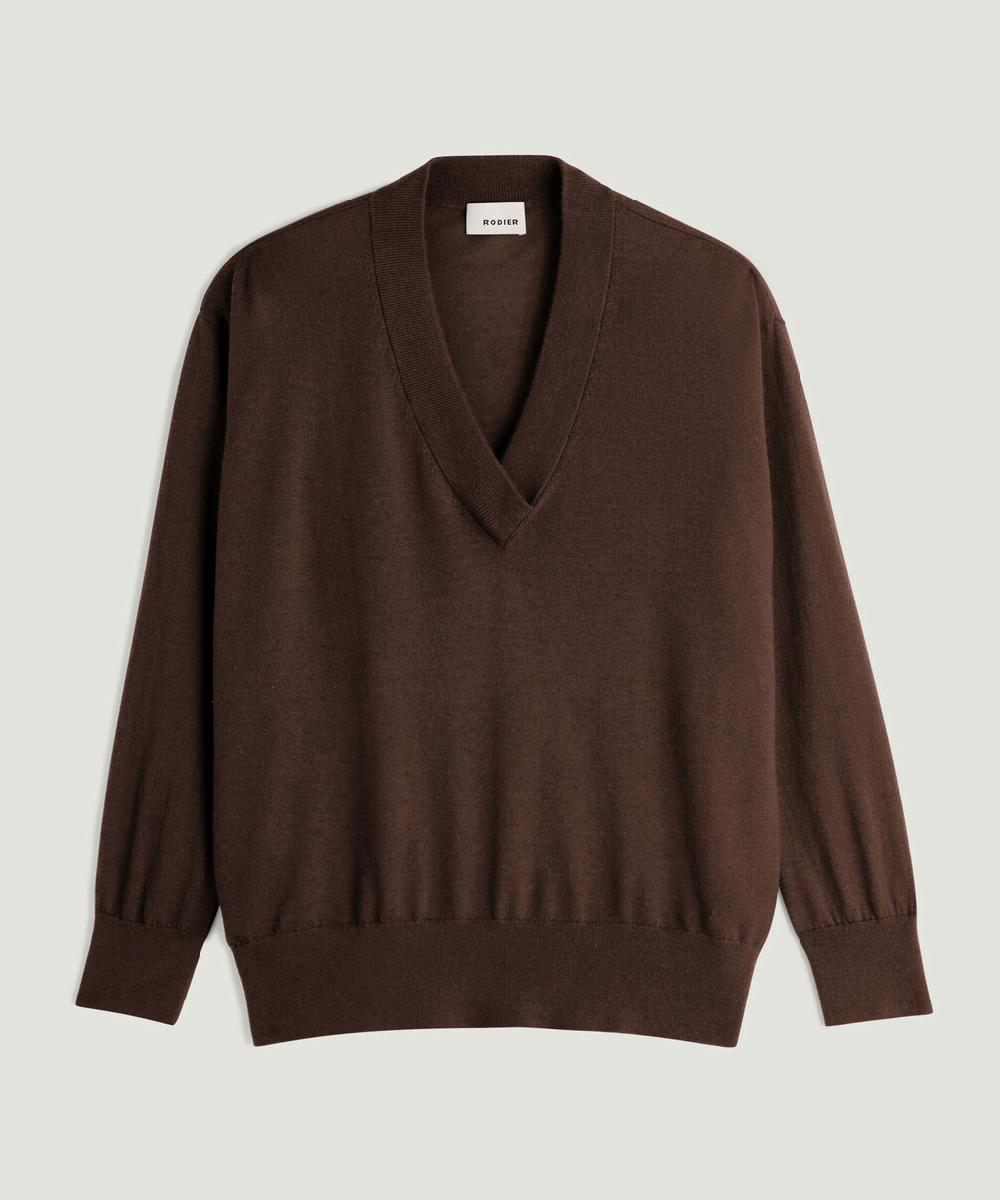 rodier Pull col V oversize en cachemire fin marron