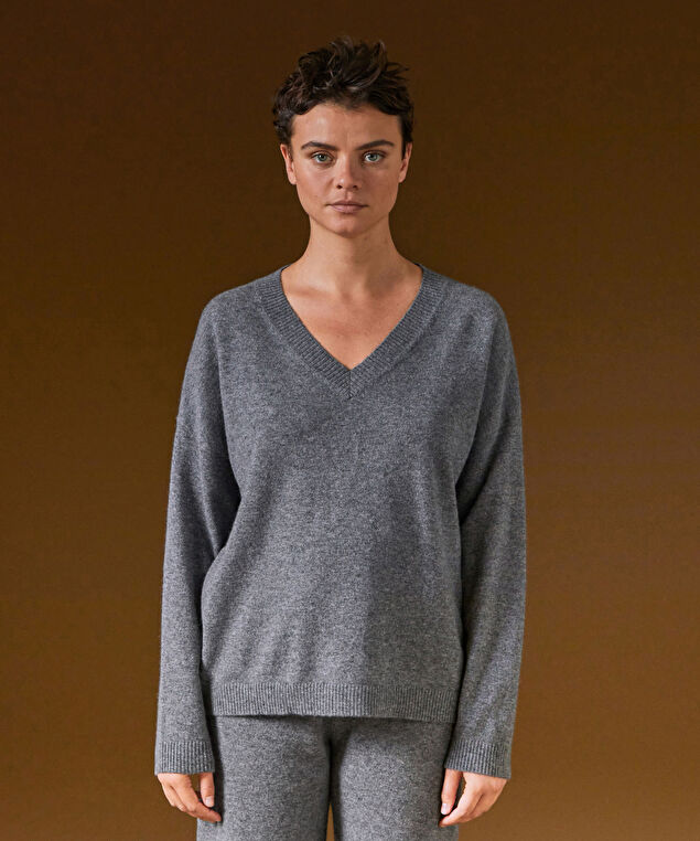 Rodier Pull Col V Oversize En Cachemire Gris Moyen