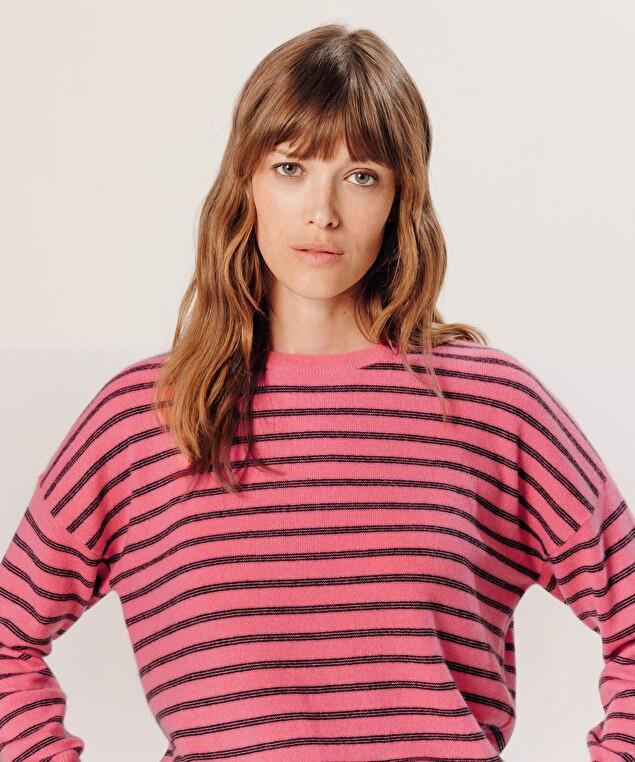 Rodier Pull Large Rayé En Cachemire Orange Corail