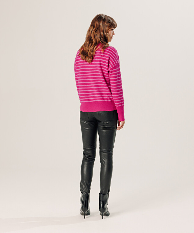 Rodier Pull Large Rayé En Cachemire Rose Tonique