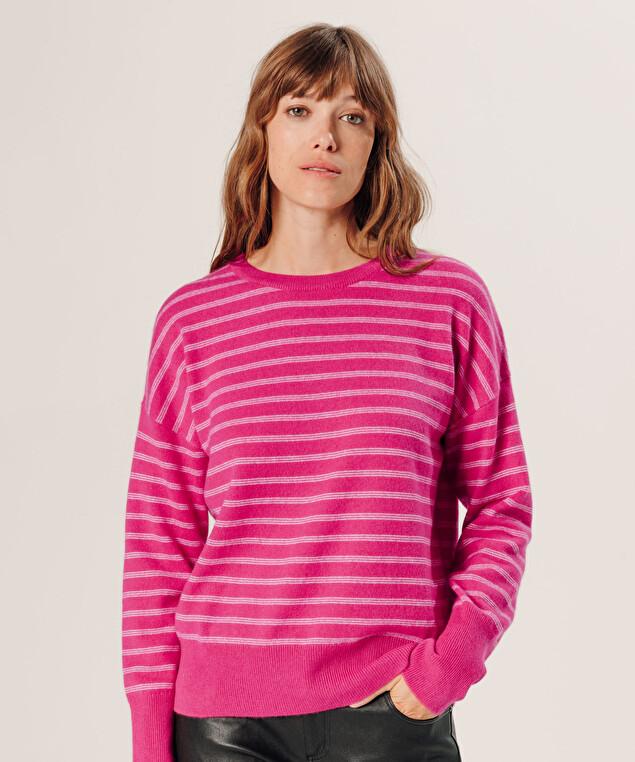 Rodier Pull Large Rayé En Cachemire Rose Tonique