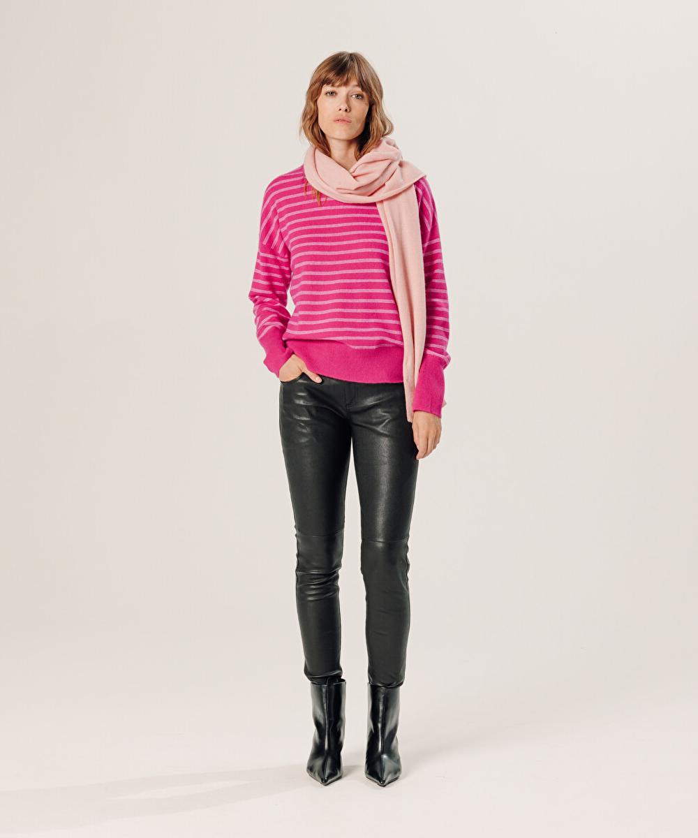 rodier Pull large rayé en cachemire rose tonique