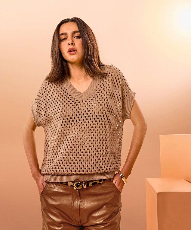 Rodier Pull Manches Courtes Ajouré Marron Camel