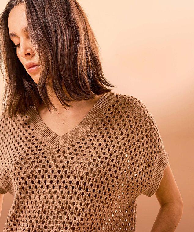 Rodier Pull Manches Courtes Ajouré Marron Camel