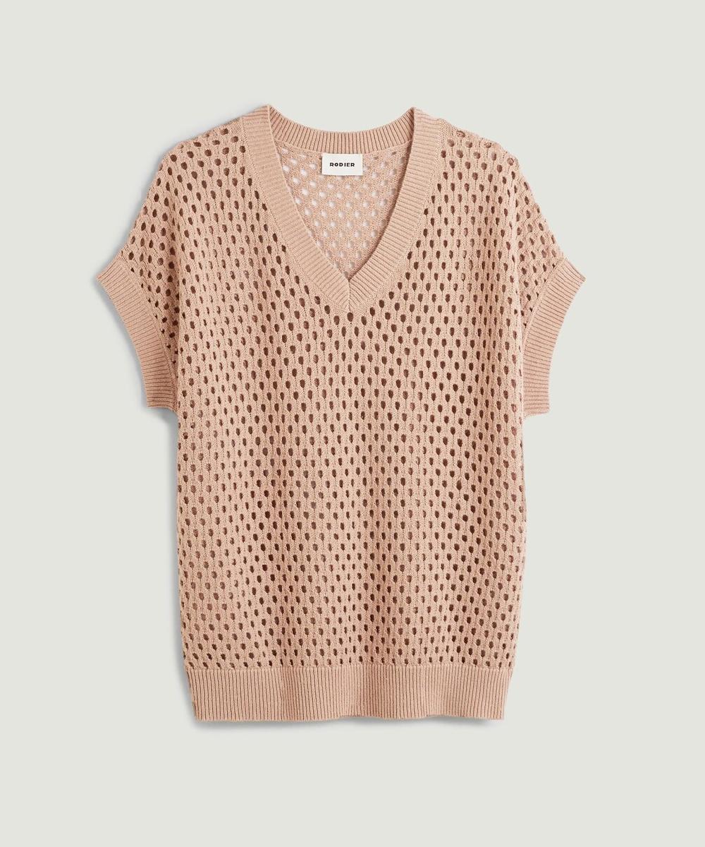 rodier Pull manches courtes ajouré marron camel