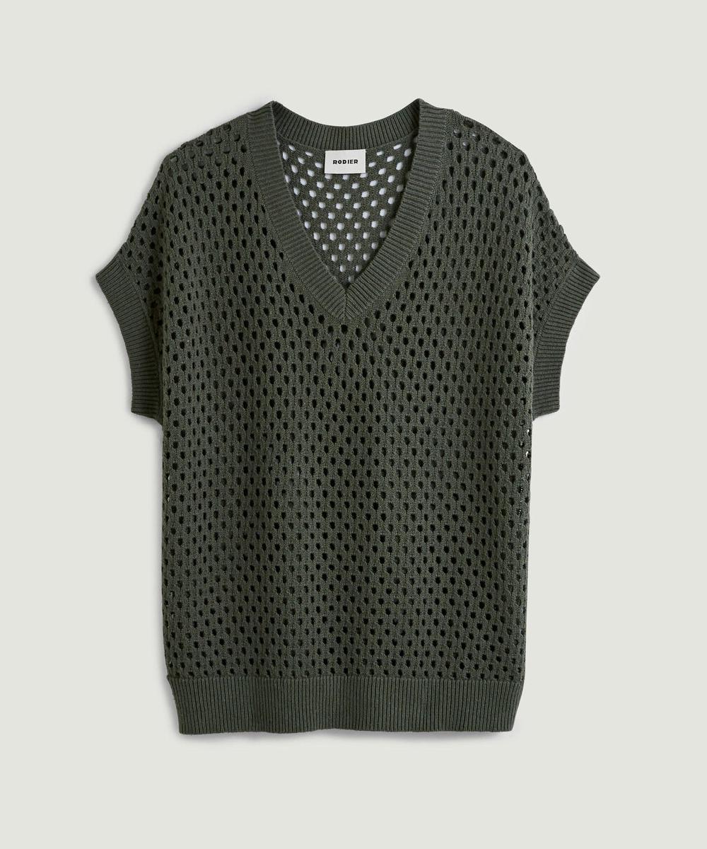 rodier Pull manches courtes ajouré vert kaki