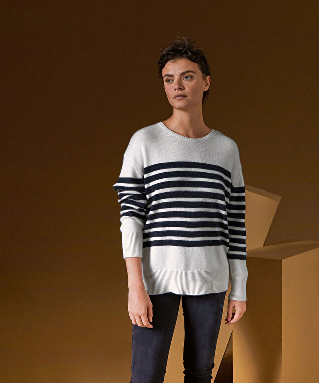 Rodier Pull Marinière En Cachemire Blanc