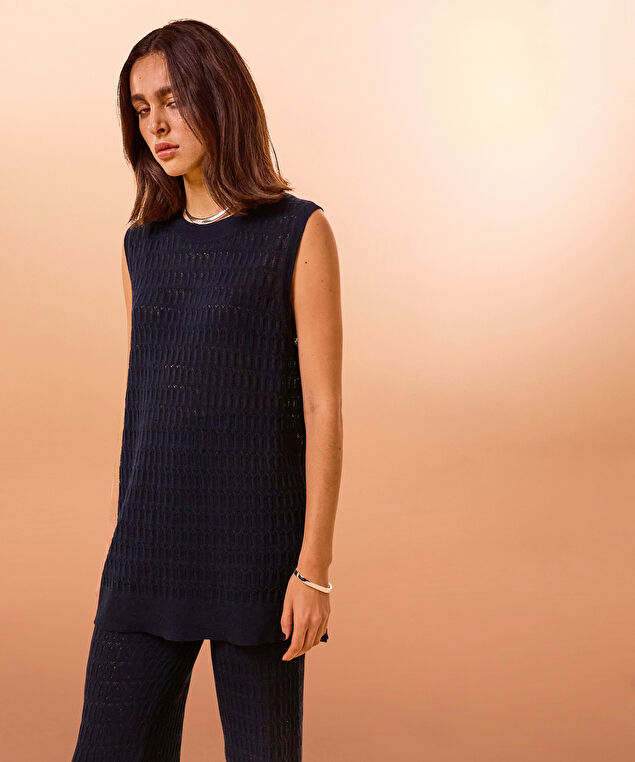 Rodier Pull Sans Manches Ajouré Bleu Nuit