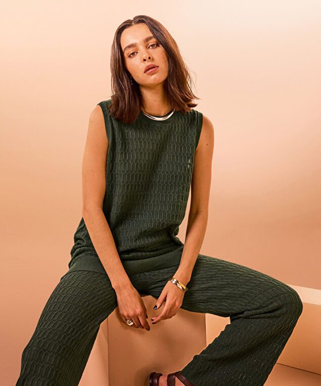 Rodier Pull Sans Manches Ajouré Vert Kaki