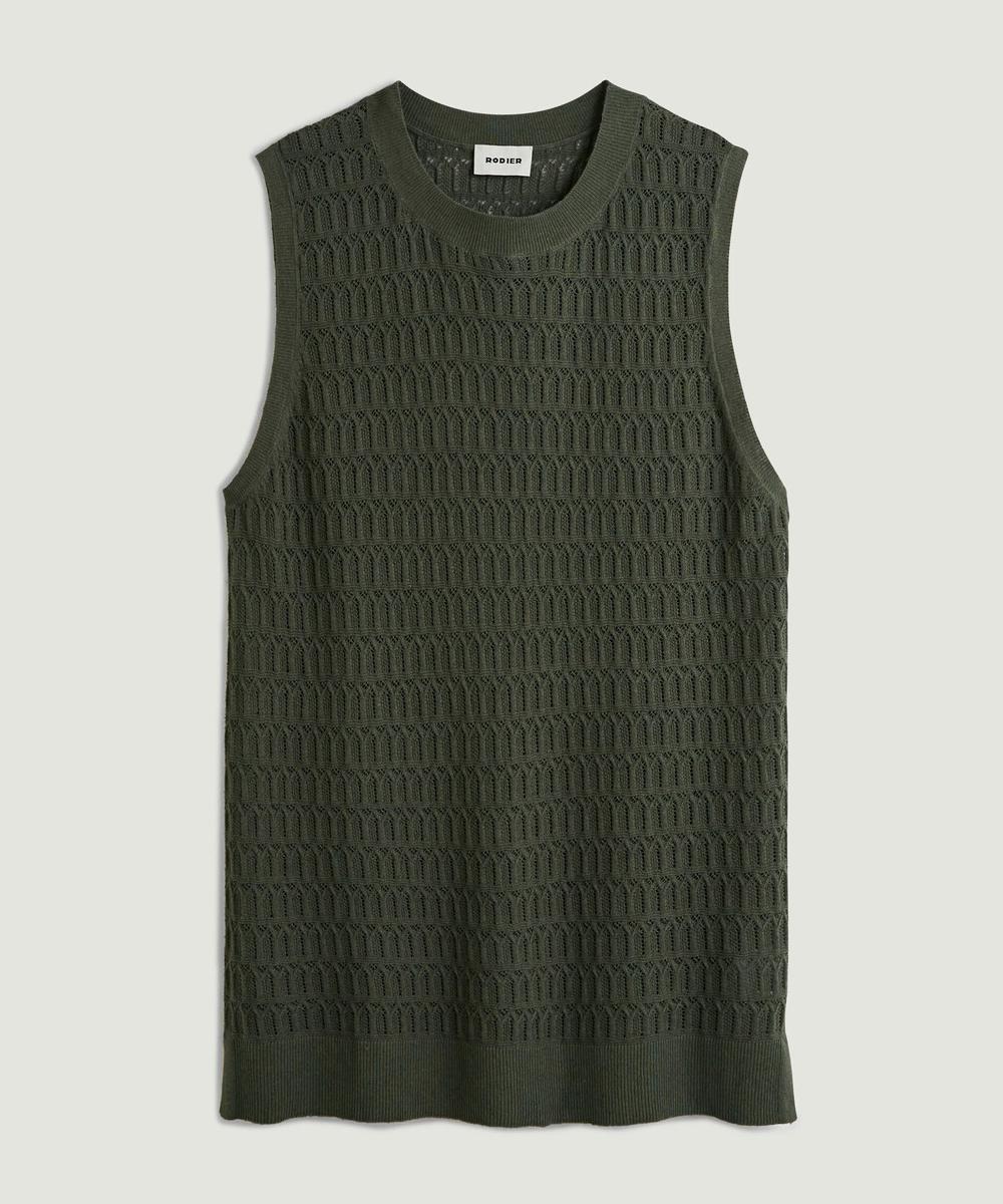rodier Pull sans manches ajouré vert kaki