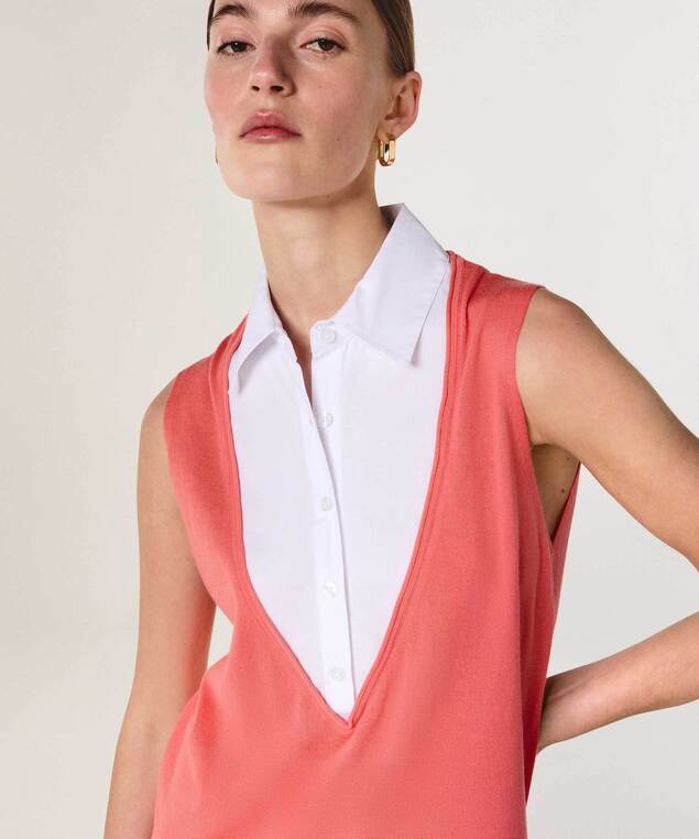 Rodier Robe Chemise Bi-matière Mandarine