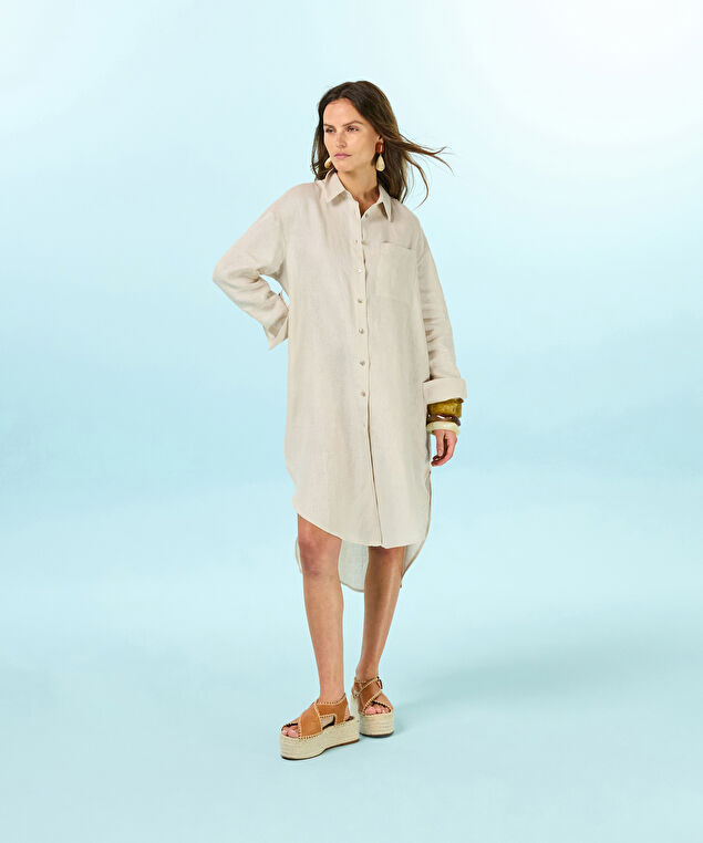 Rodier Robe Chemise En Lin Beige