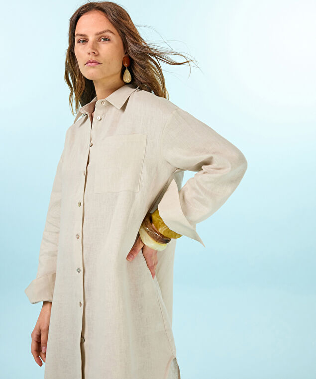 Rodier Robe Chemise En Lin Beige