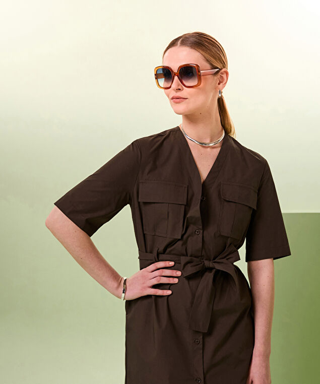 Rodier Robe Droite Saharienne Marron Foncé