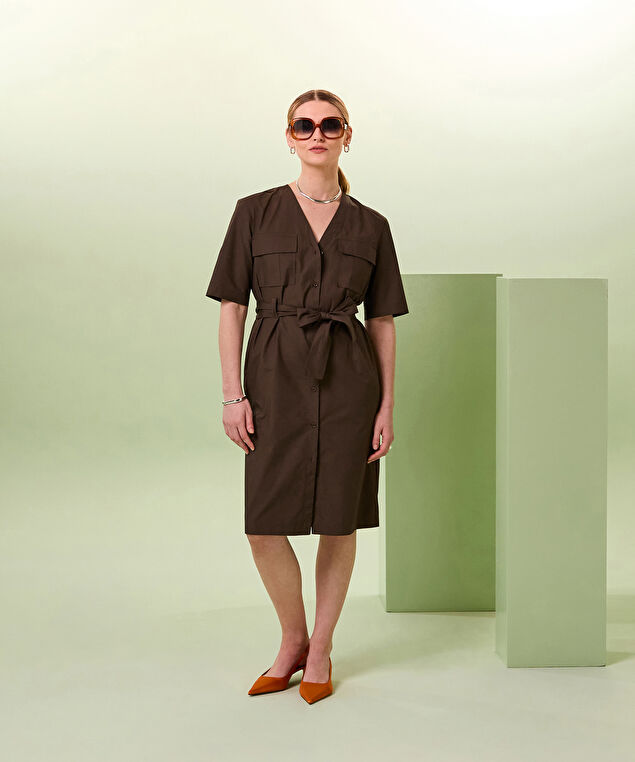 Rodier Robe Droite Saharienne Marron Foncé